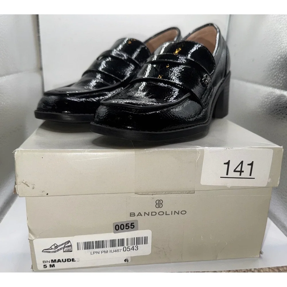 Bandolino Maude Women Black Patent Penny Loafer Block Heel Pumps Size 5M